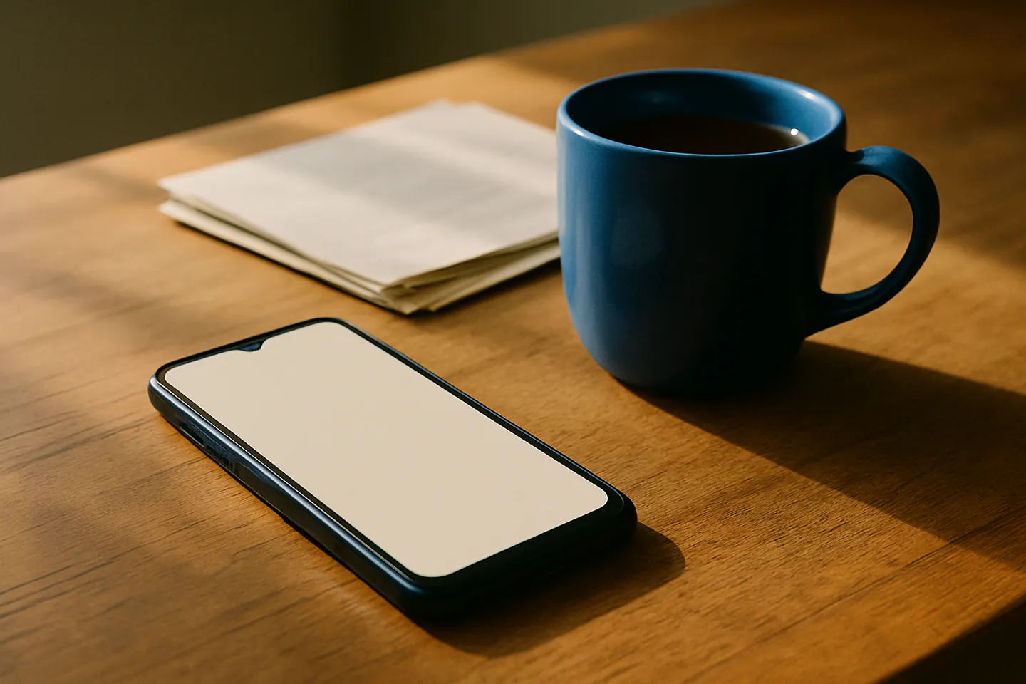 A phone on a wooden table beside a mug and folded papers