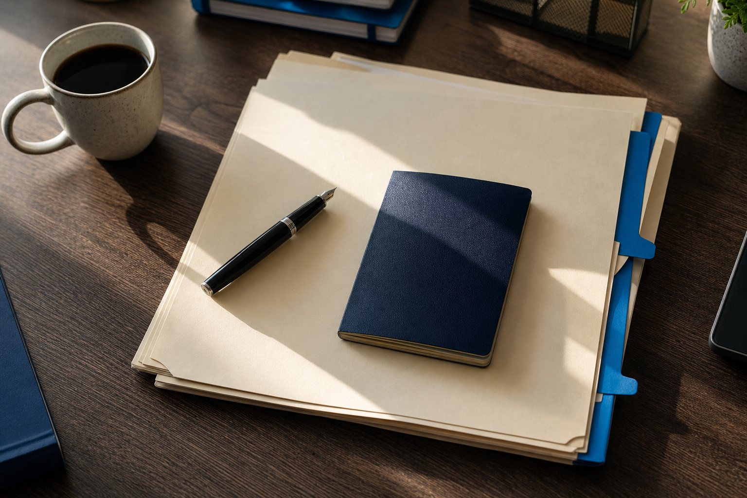 A client folder and a coffee mug on a desk