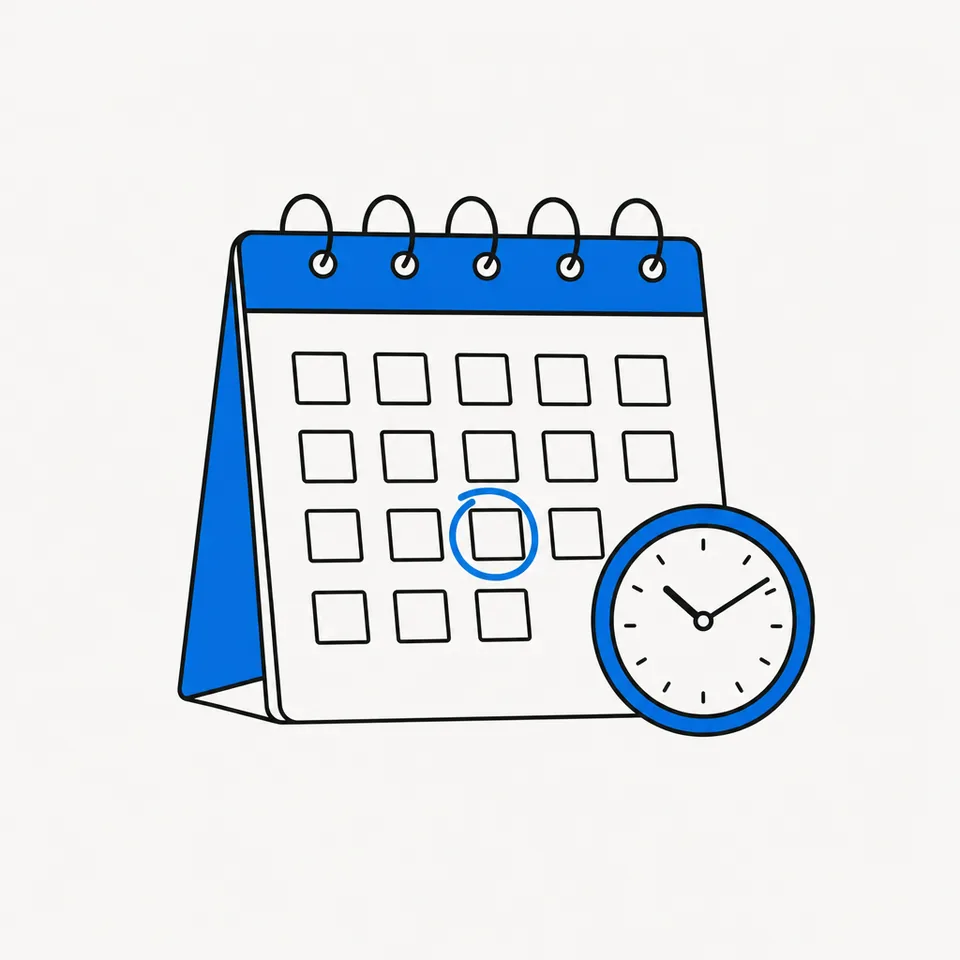 A line drawing of a calendar with a clock