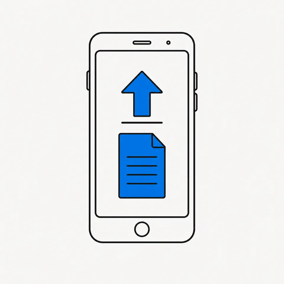 A line drawing of a phone uploading a document