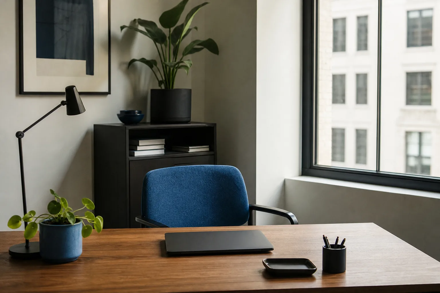 A quiet office desk by a window, a blue chair and a plant