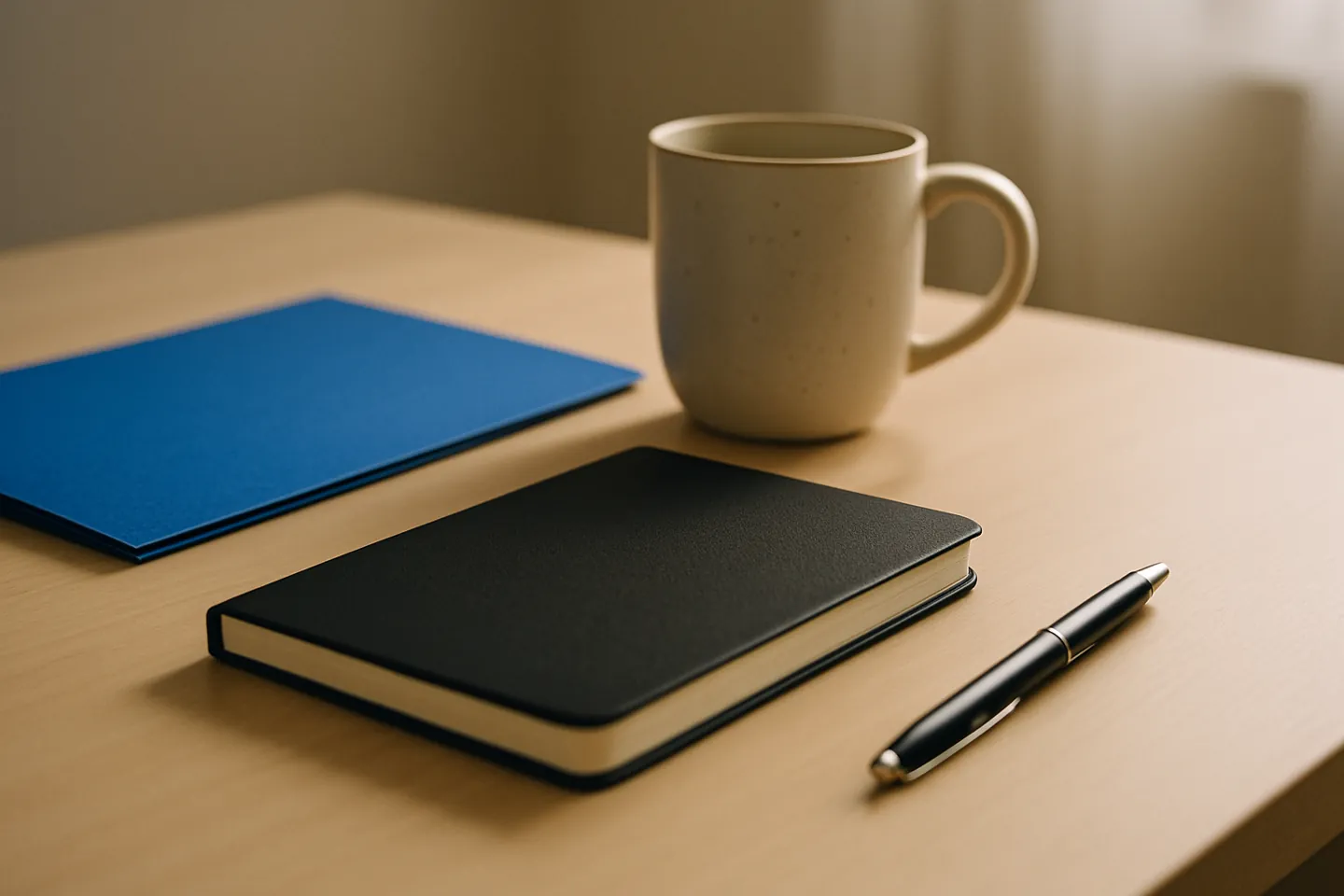 A plain desk with a notebook, a blue folder and a mug