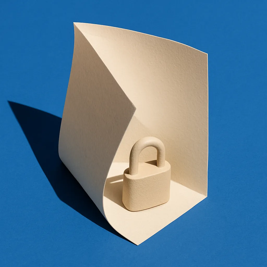 A paper sheet folded around a small padlock, on blue