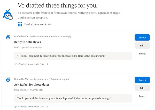 Vo drafts waiting for review, with their sources