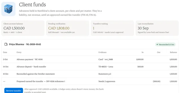 Client funds held for each client, with the proposed transfer