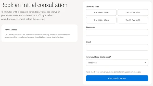The client booking page: pick a time, then check your answers