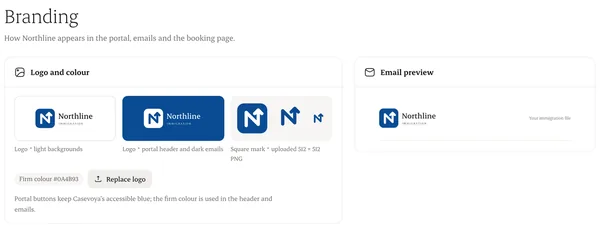 Branding settings: logo, colour and the client portal preview