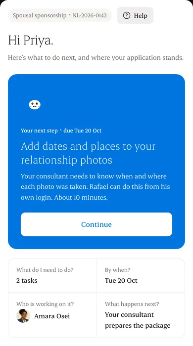 The client home screen with one next step