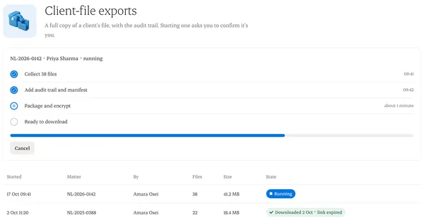 Client-file exports and their progress