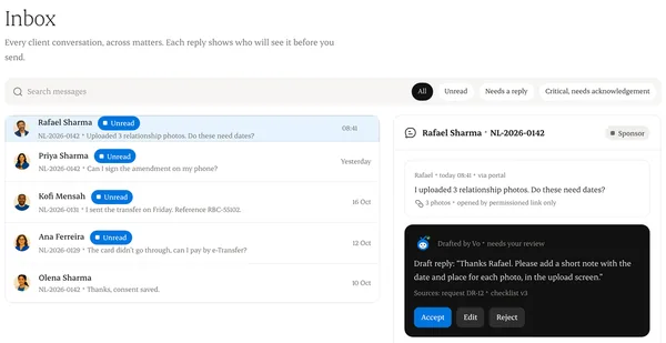 The firm inbox with imported email and the matter each one is filed to