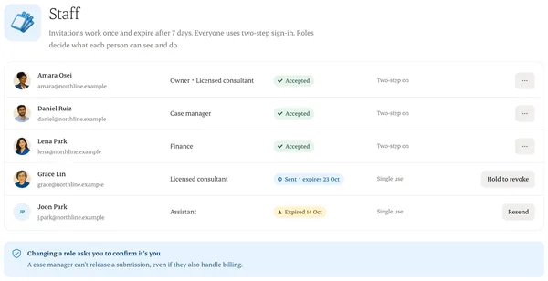 Pending team invitations with role and expiry