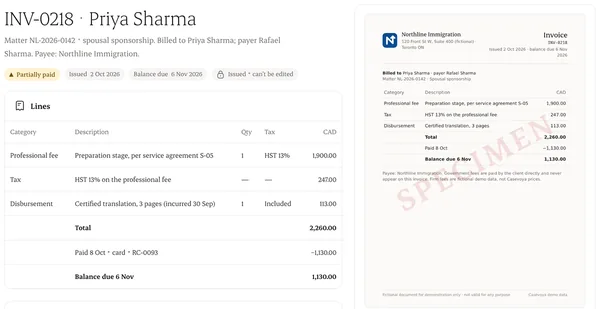 Invoice INV-0218 with fee, tax and disbursement lines
