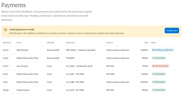 Payments, including a bank transfer waiting for verification
