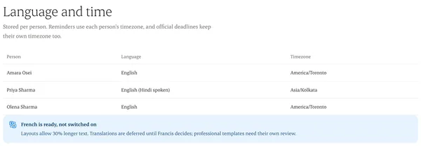 Language and time settings for the firm and the portal
