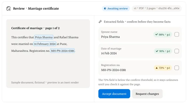The review panel for the Marriage certificate, with extracted fields to confirm