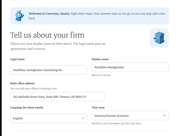 The first setup step: firm legal name and display name, with the welcome note