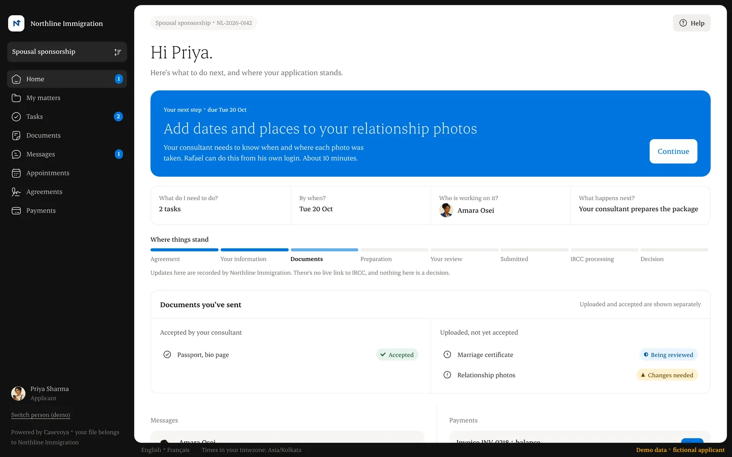 Applicant portal: one next step, who's working on it, plain-language stages
