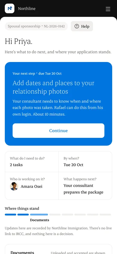 Applicant portal: one next step, who's working on it, plain-language stages